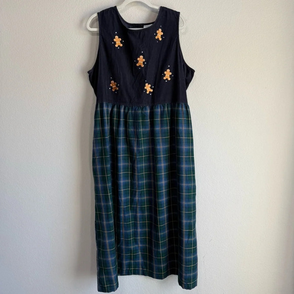 Vtg Bobbie Brooks 18W/20W Jumper Dress Gingerbread Man Holiday Pinafore Plaid - Picture 1 of 10